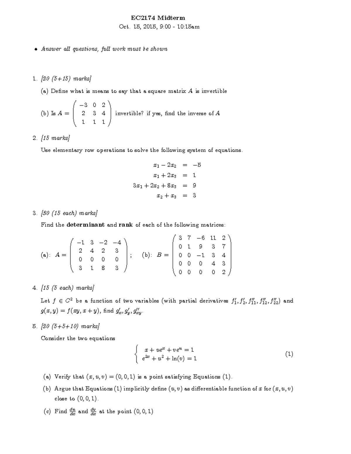 Midterm Fall 2015, questions and answers - EC2174 Midterm Oct. 15, 2015 ...