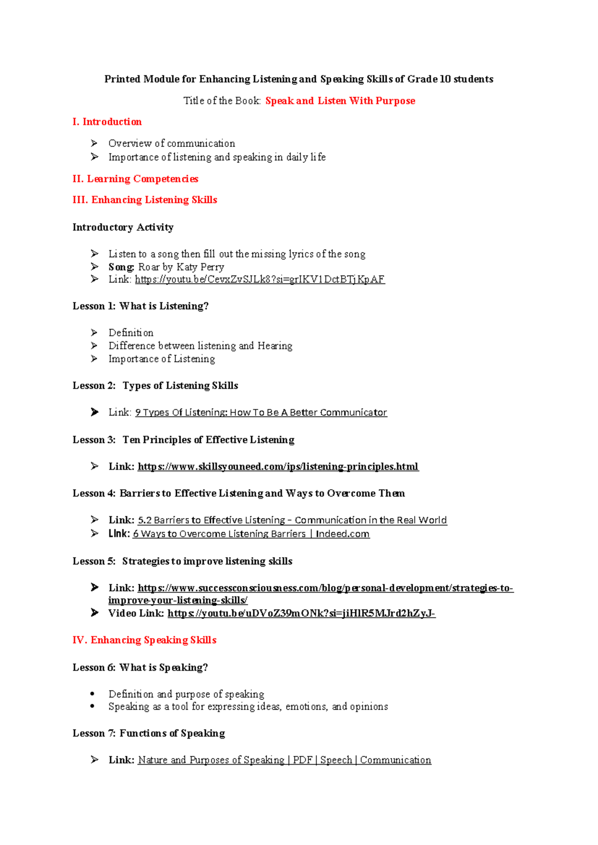 Grade 10 Listening & Speaking Skills Module - Draft Only - Studocu