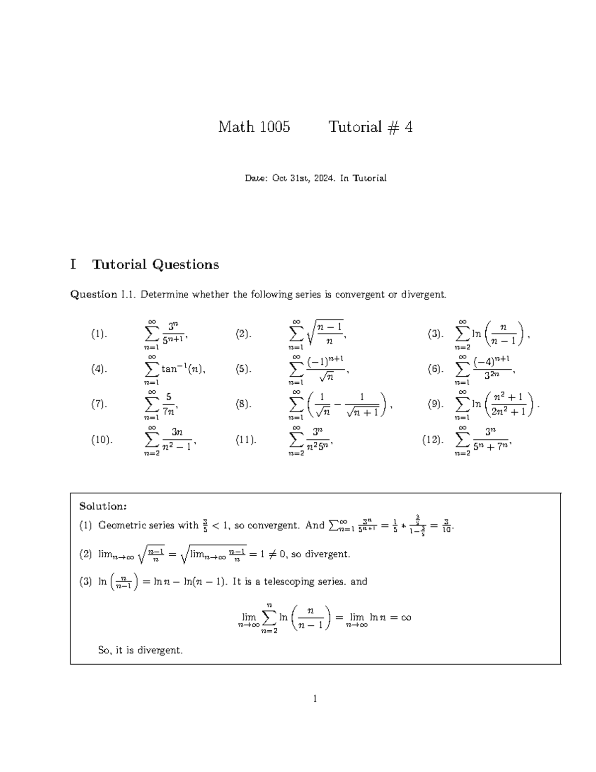 Solutions tutorial 4 - awdsdawd - Math 1005 Tutorial # 4 Date: Oct 31st ...