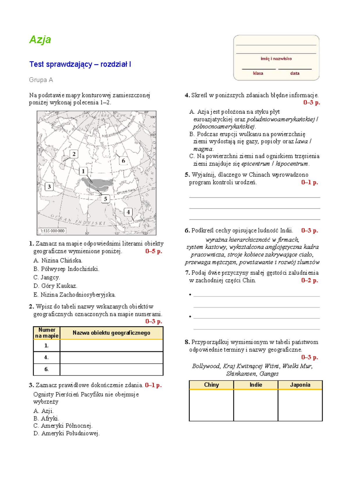 Geografia Sprawdzian 2 Klasa Liceum - Test 1: Azja - Sprawdzian Geografia Klasa 8 - Studocu