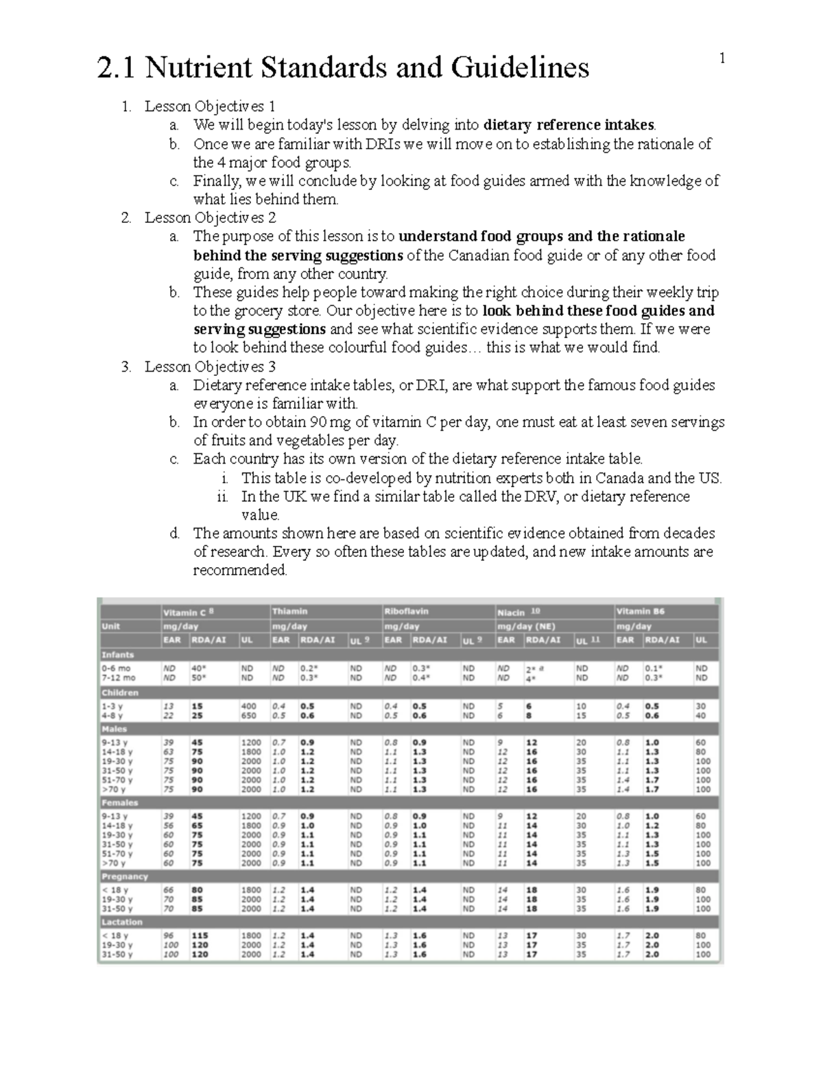 Lesson 2 - Dietary Reference Intakes (DRIs) - 2 Nutrient Standards and ...