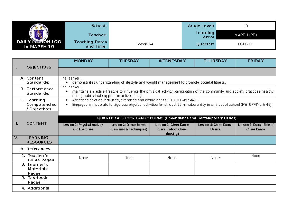 Q4 DLL - MAPEH 10 PE: Weekly Lesson Plans for Dance & Fitness - Studocu