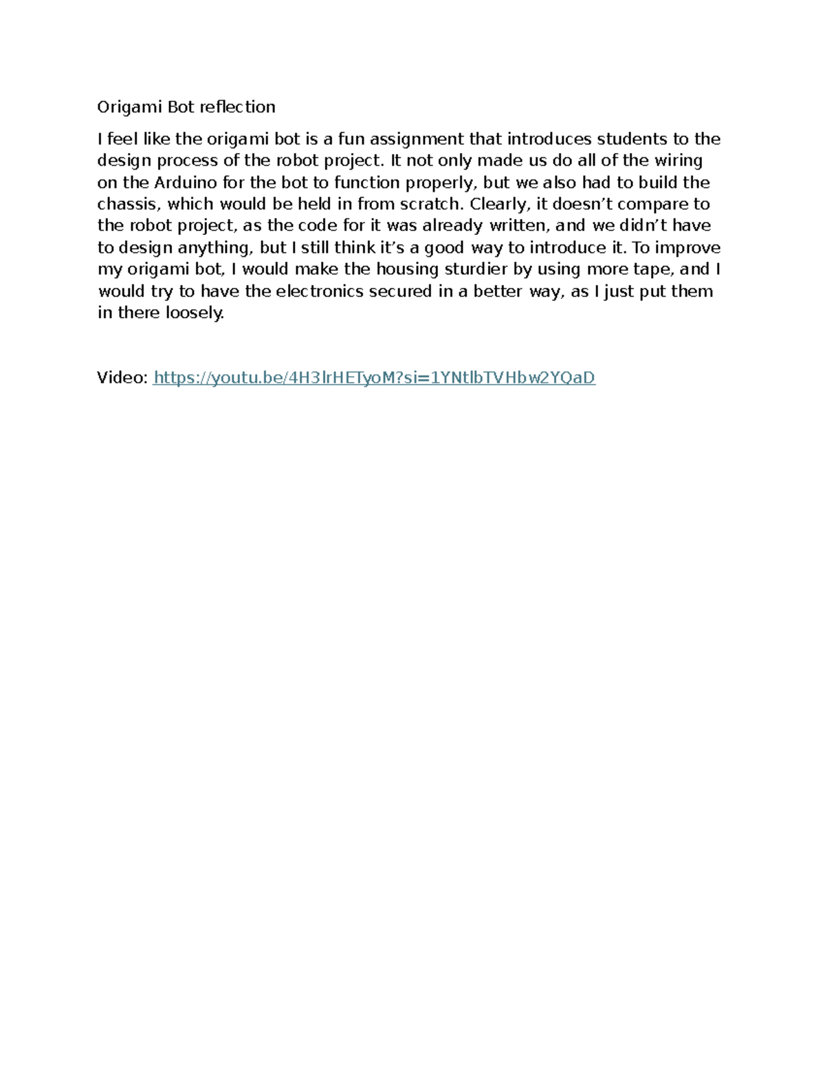 Origami Bot Reflection: Insights on Design & Improvement - Studocu