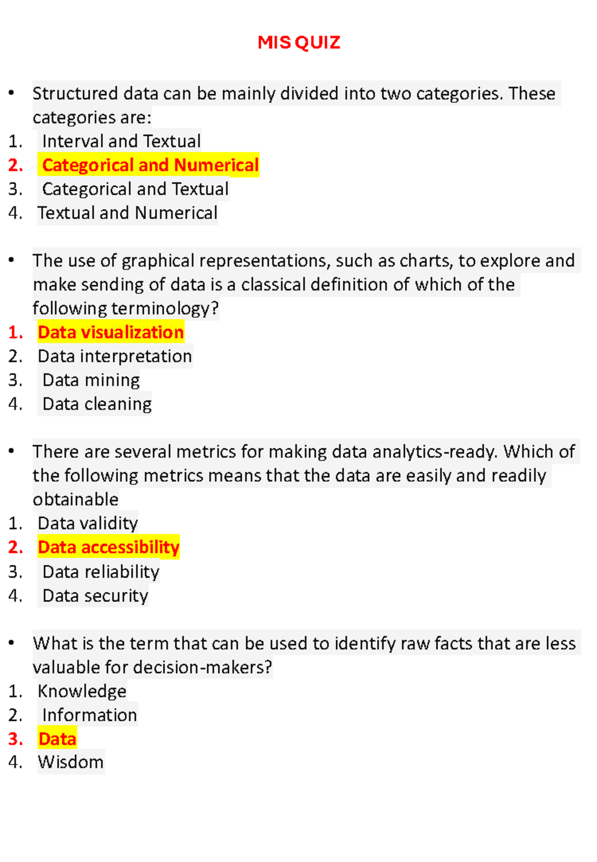 MIS QUIZ - Key Concepts and Questions on Data Management and AI - Studocu