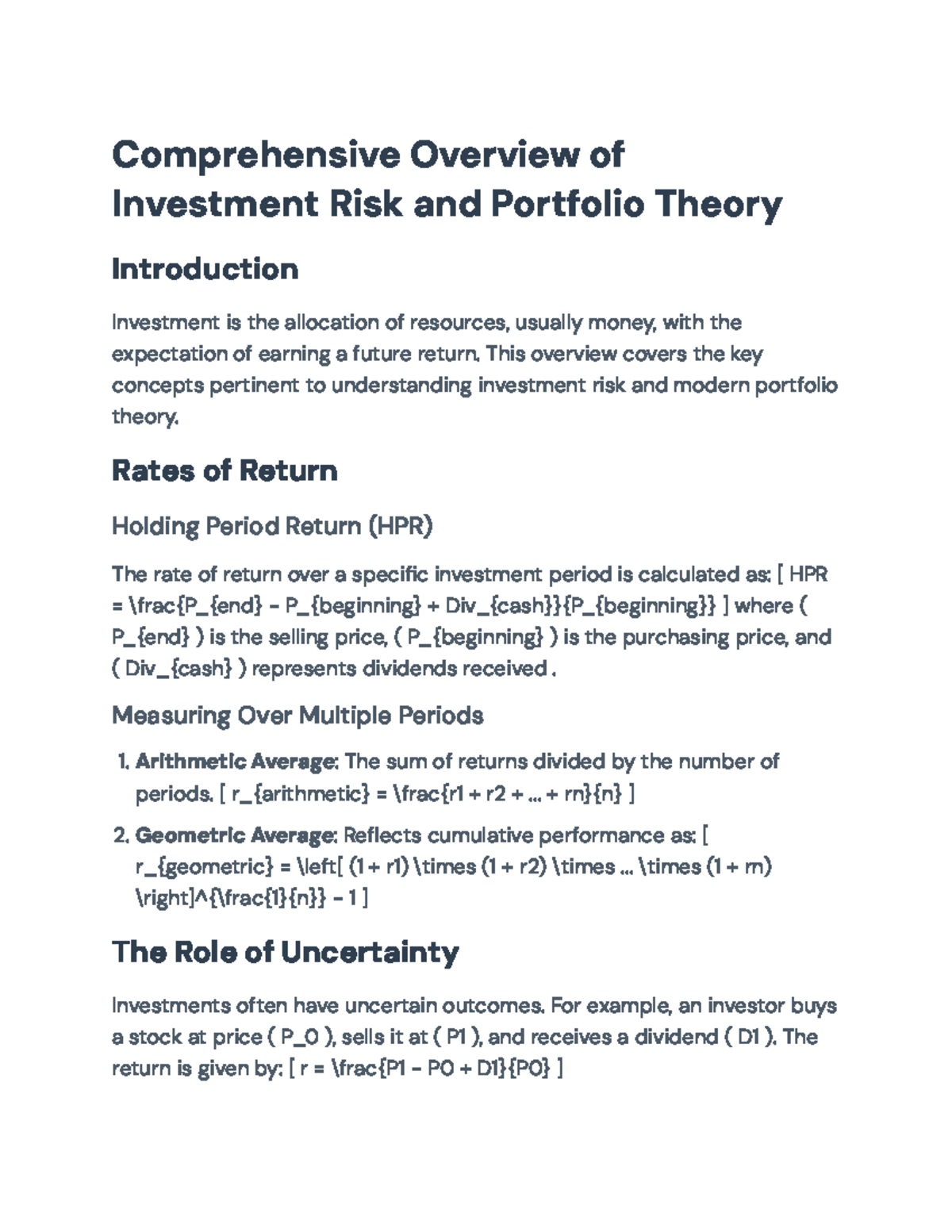 Investment Risk and Portfolio Theory Overview (FIN 101) - Comprehensive ...