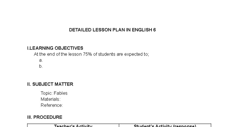 DETAILED LESSON PLAN ON FABLES FOR ENGLISH 6 - Studocu