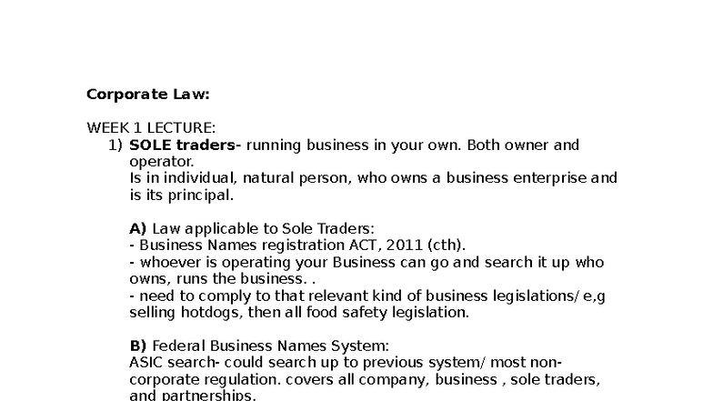 Corporate Law 2025: Week 1 Lecture Notes on Sole Traders and ...