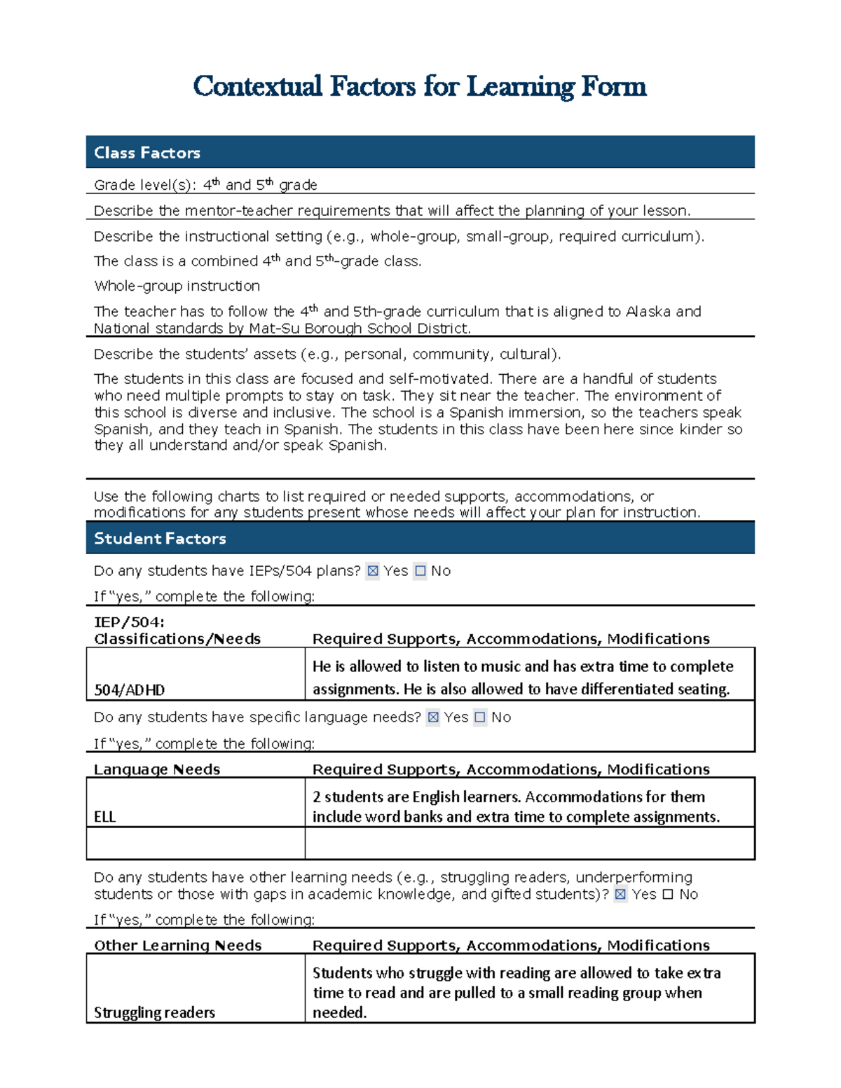 Contextual Factors for Learning: 4th & 5th Grade Lesson Planning - Studocu