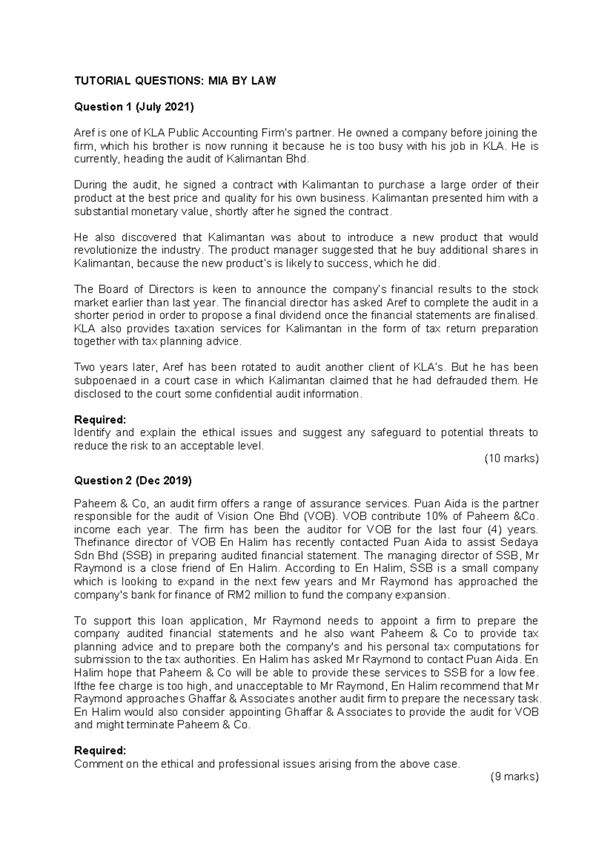 Aud689 Tuto Chap 1 - Tuto chp1 - TUTORIAL QUESTIONS: MIA BY LAW ...