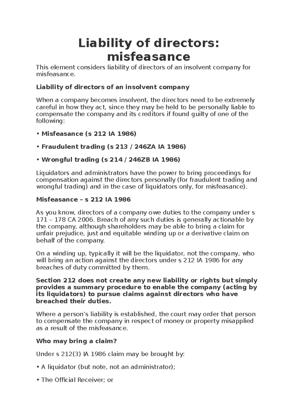 Liability of Directors for Misfeasance, Fraudulent & Wrongful Trading ...