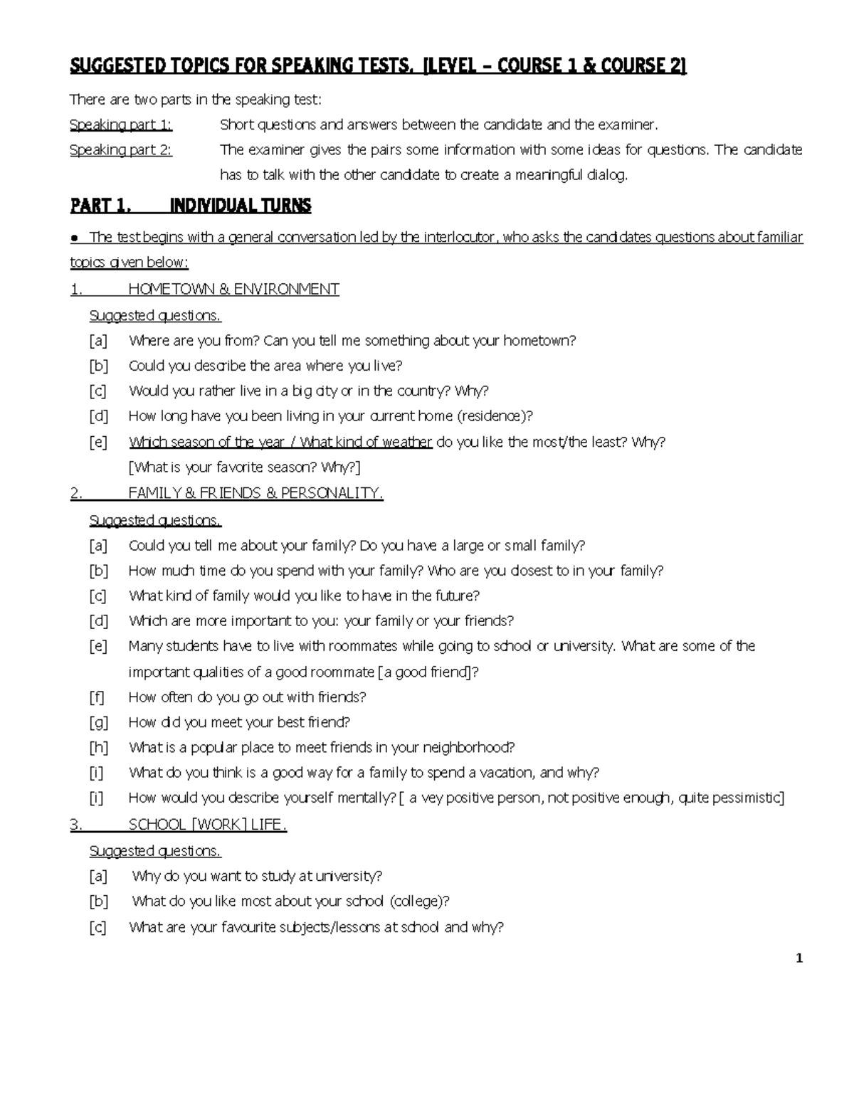 Suggested Topics for Speaking Tests: Level Course 1 & 2 - Studocu