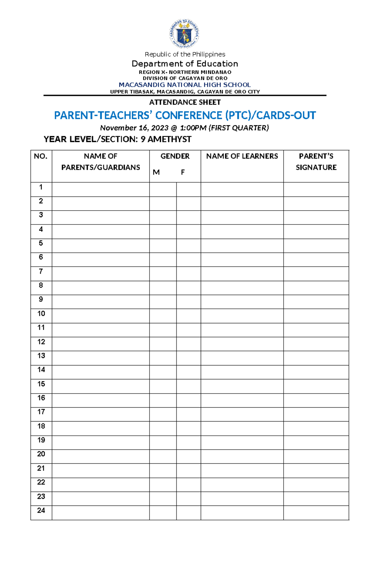 Attendance- Sheet-PTC - Republic of the Philippines Department of ...