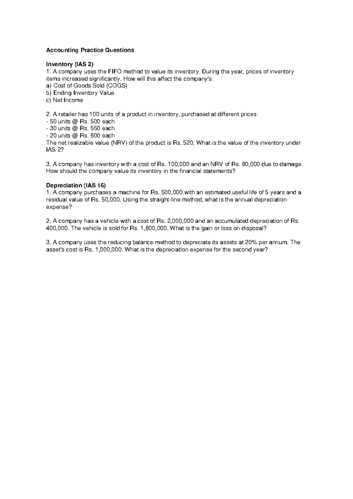 Accounting Practice Questions: Inventory & Depreciation (IAS 2 & 16 ...