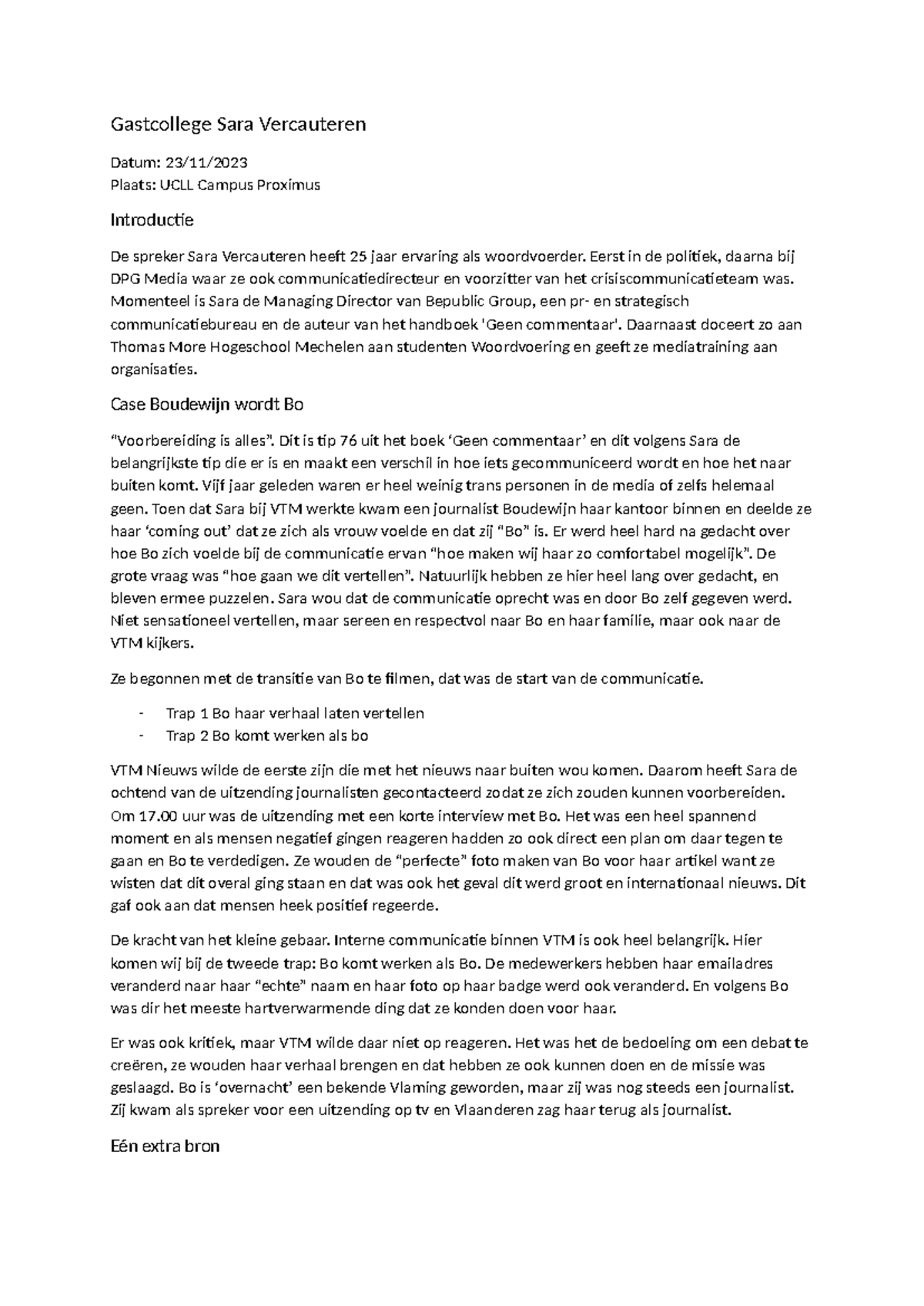 Verslag van het gastcollege van Sara Vercauteren - UCLL 23/11 - Studocu