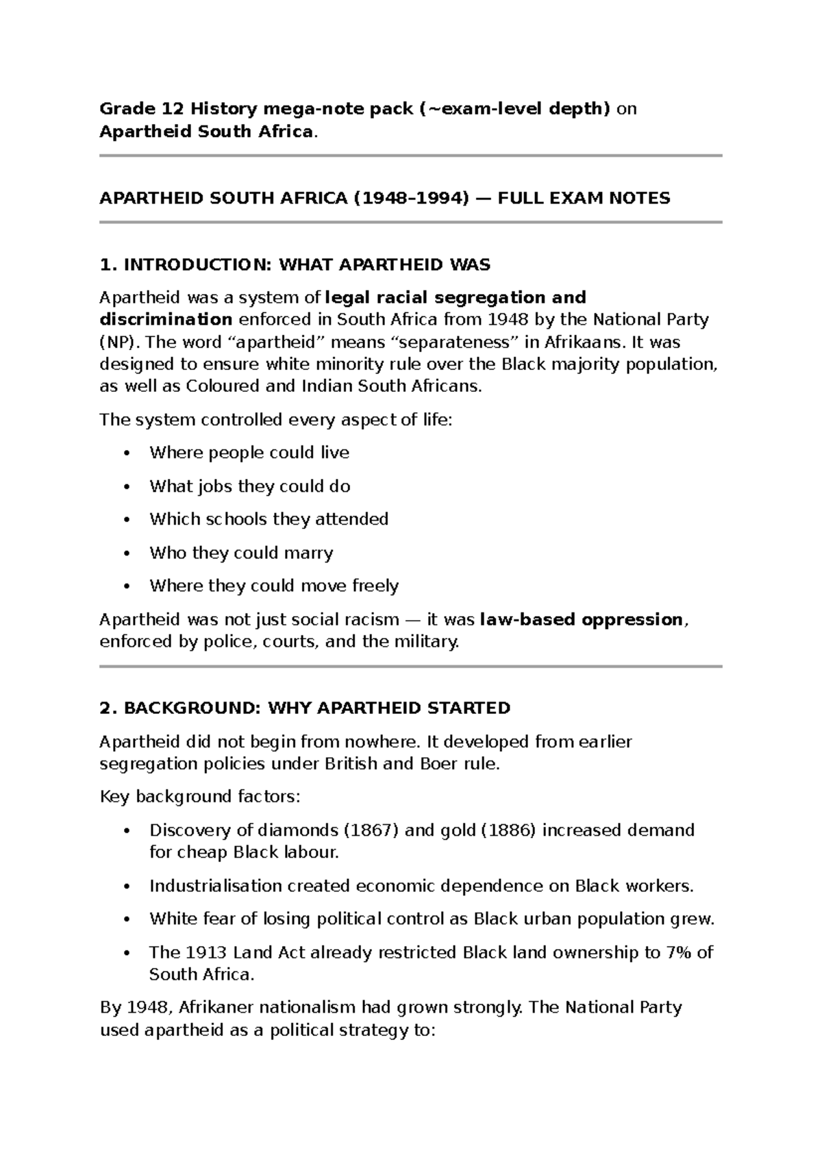 Grade 12 History: Apartheid South Africa Full Exam Notes - Studocu
