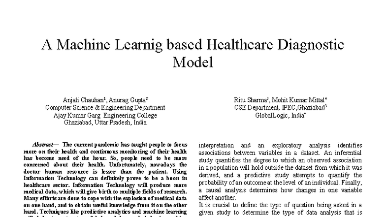 Machine Learning-Based Healthcare Diagnostic Model (CSE 2023) - Studocu