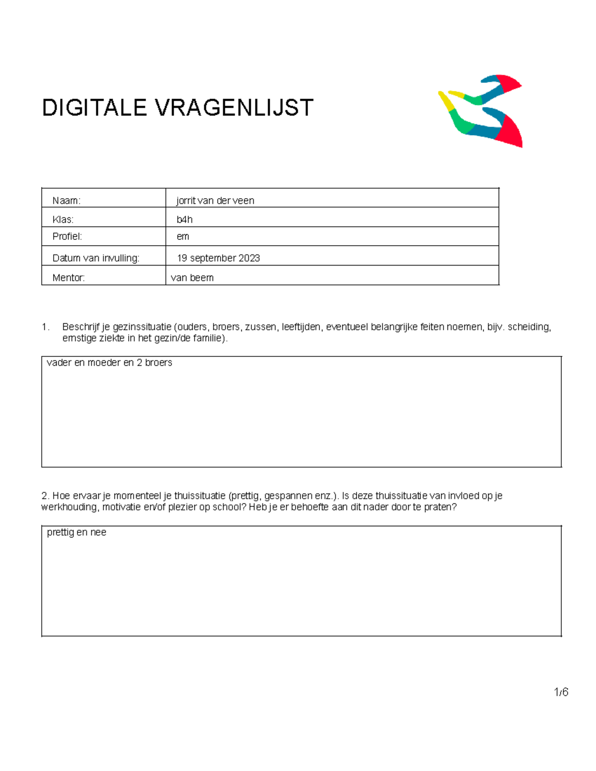 Digitale Vragenlijst Mentorleerlingen B4H 2023-2024 - Studeersnel
