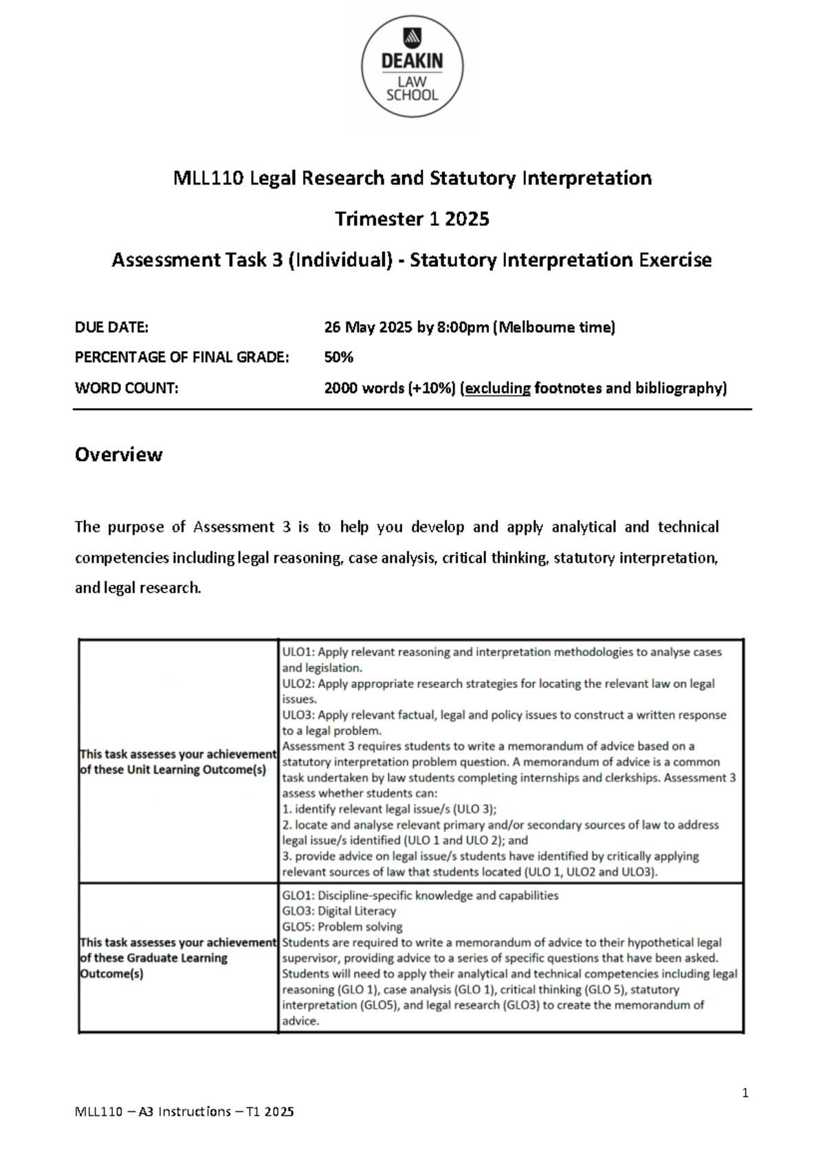 MLL110 T1 2025 Assessment 3: Statutory Interpretation Exercise Guide ...
