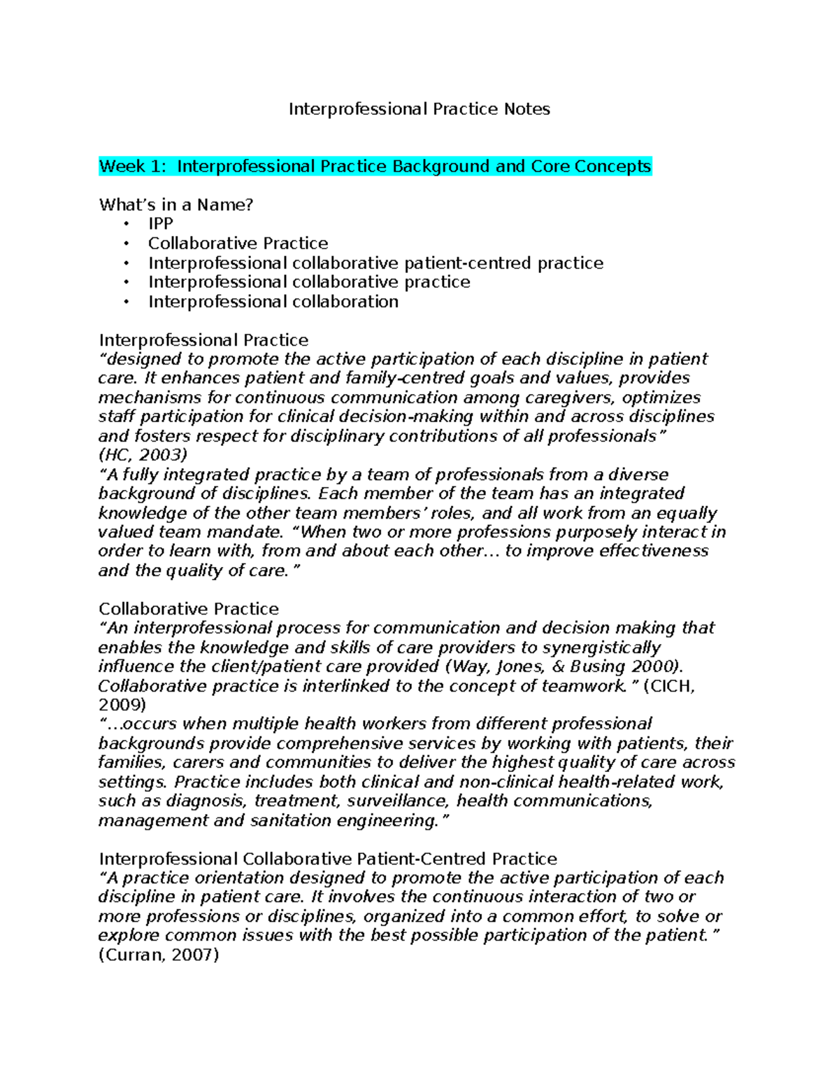 Interprofessional Practice Lecture Notes for Midterm 1 (Course Code ...