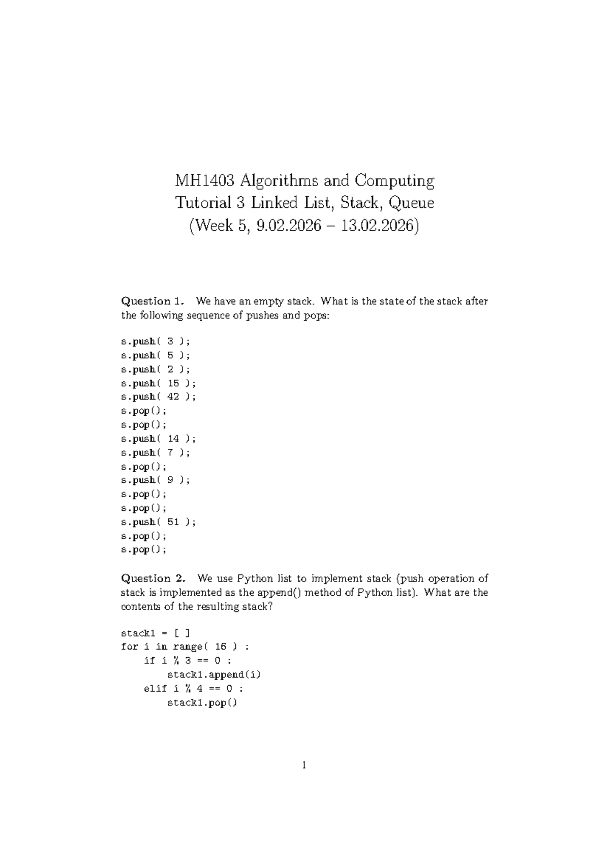 MH1403 Algorithms and Computing Tutorial 3: Stacks & Queues - Studocu