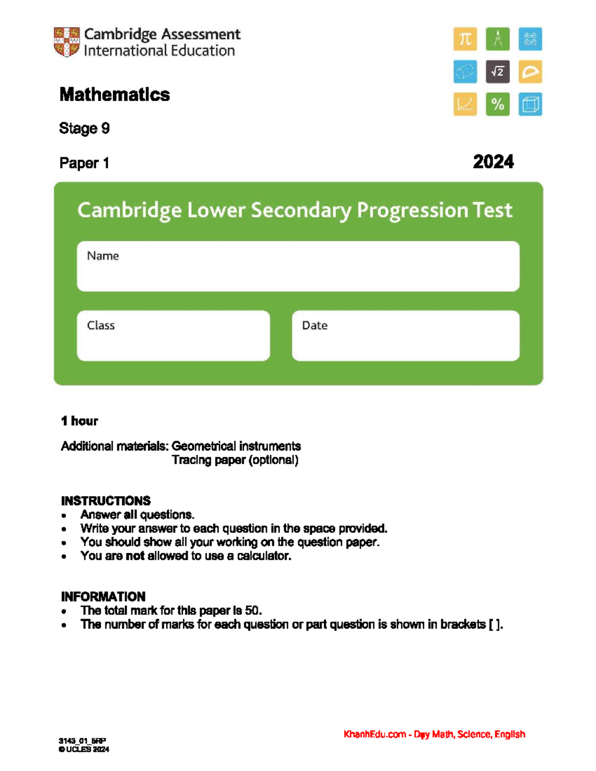 Mathematics Stage 9 Progression Test 41414 - Paper 1 MS 2024 - Studocu