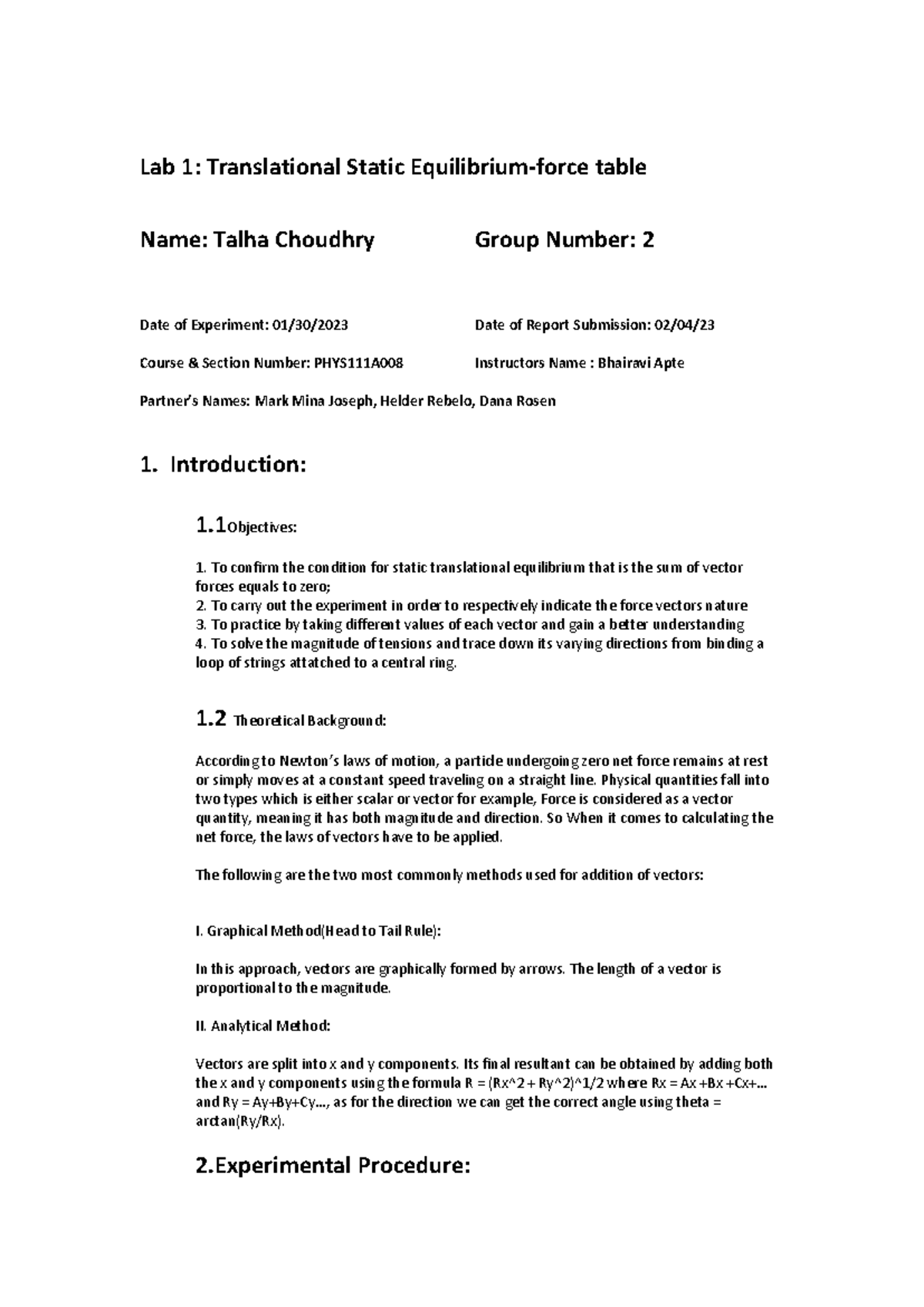 PHYS111A008 Lab Report: Force Table & Static Equilibrium Analysis - Studocu