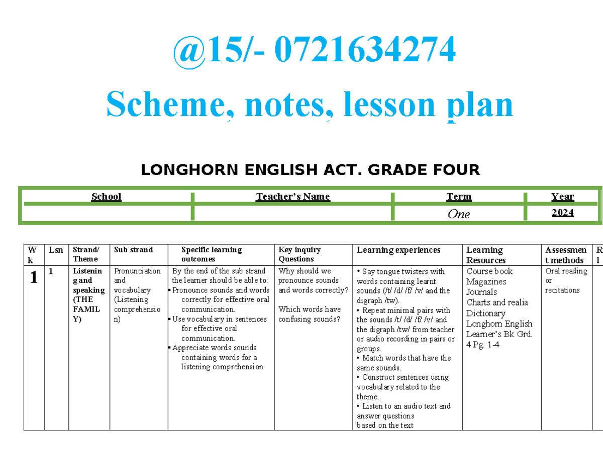 Grade 4 TERM 1 English Schemes - @15/- 0721634274 Scheme, notes, lesson ...
