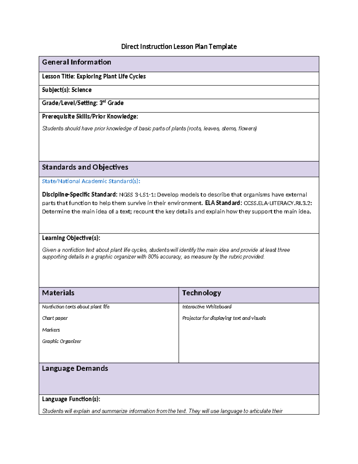 3rd Grade Lessonplan - Task 1 Lesson plan - Direct Instruction Lesson ...
