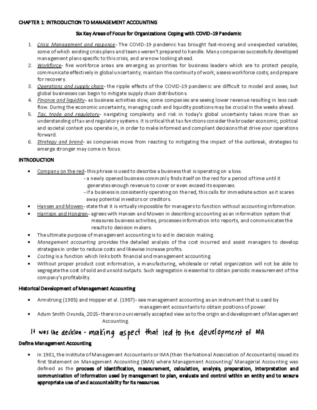 Chapter 1: Introduction to Mngmnt Accounting in Crisis Context - Studocu