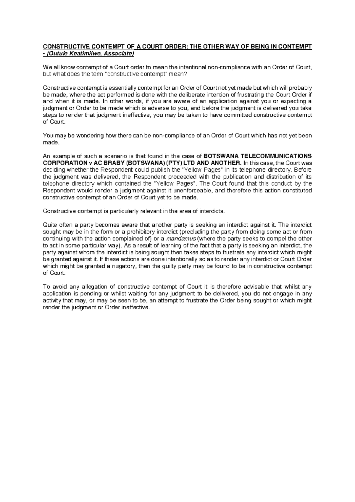 CONSTRUCTIVE CONTEMPT OF COURT ORDER: INSIGHTS BY OUTULE K. - Studocu