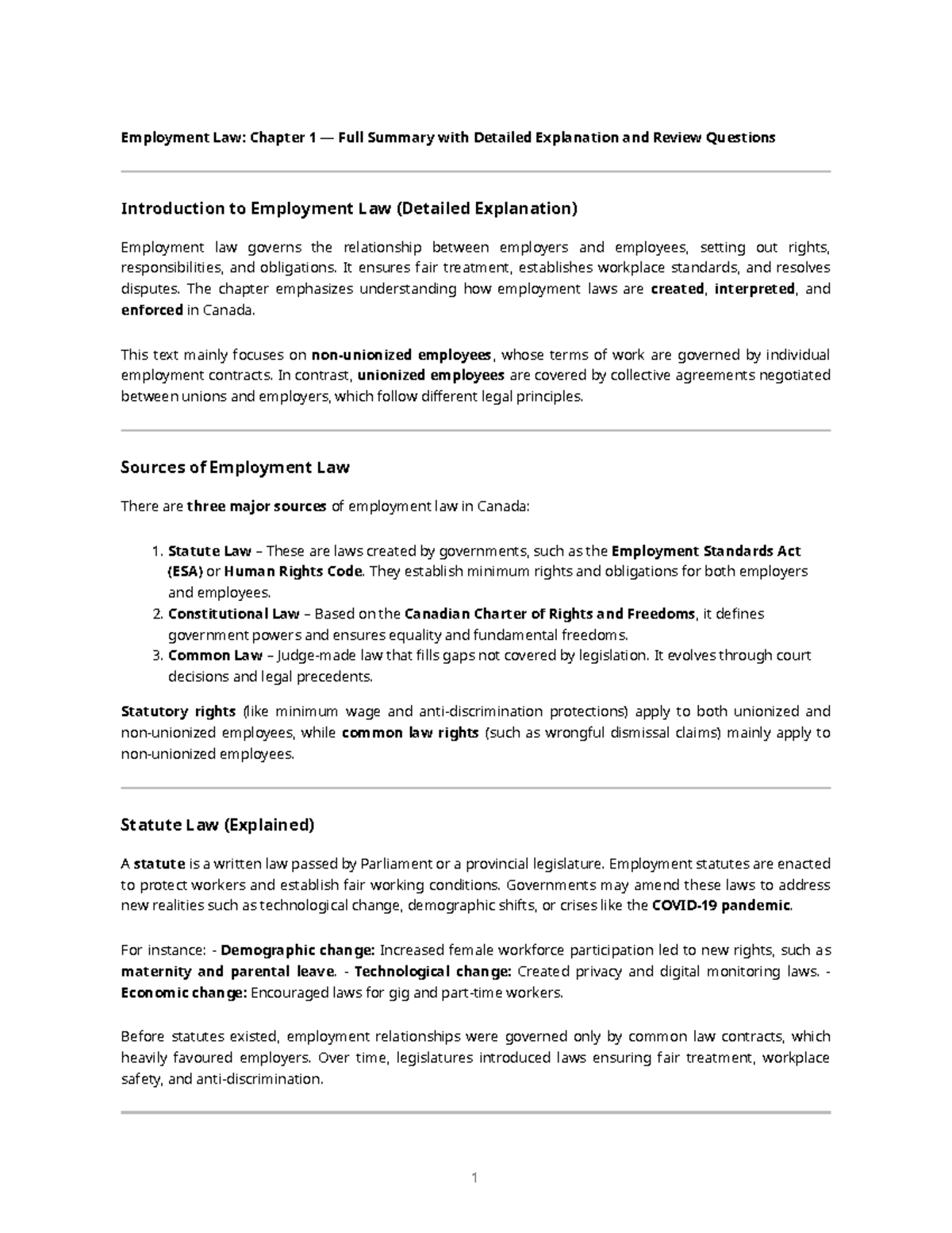 Employment Law: Chapter 1 Summary & Key Concepts Review - Studocu