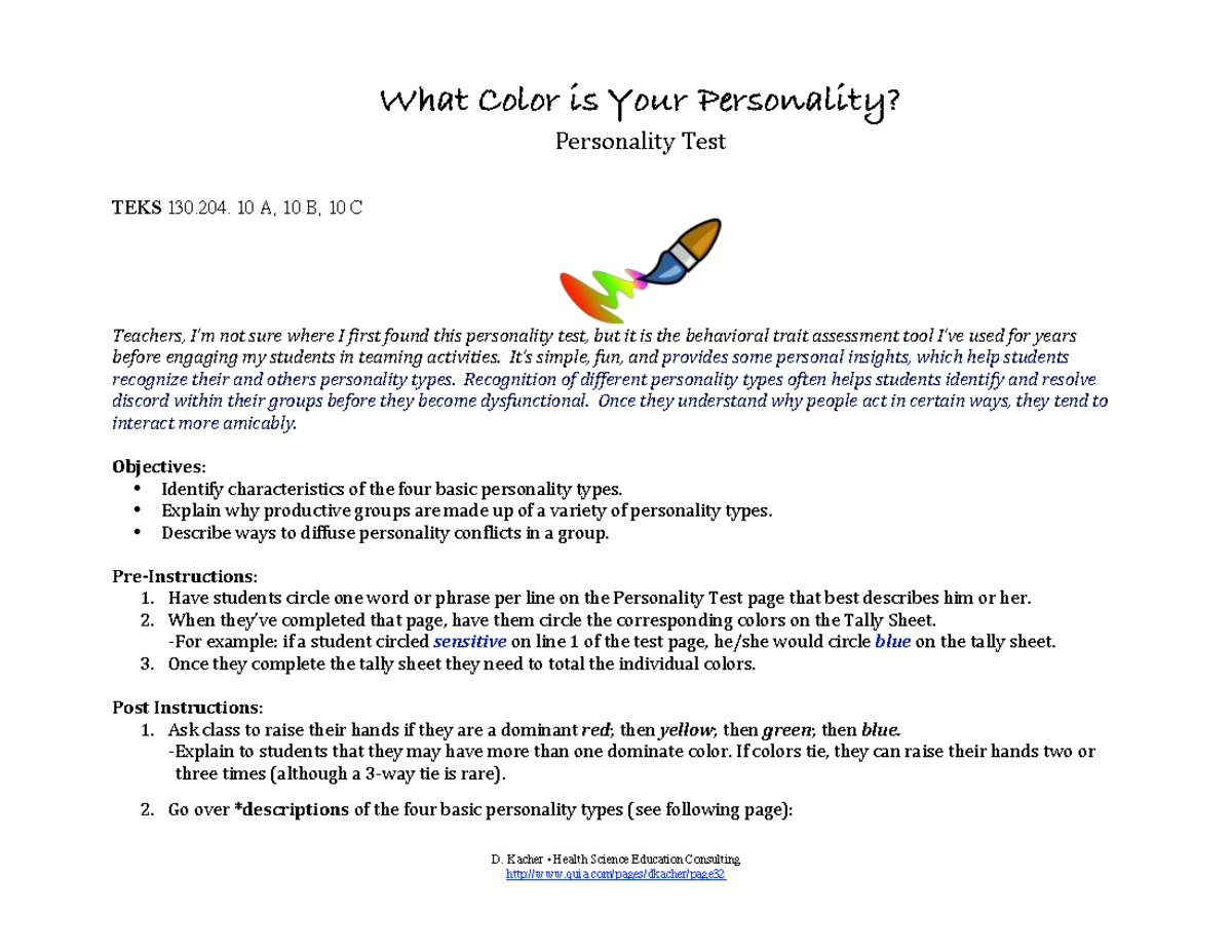 Color Personality Test Insights and Activities TEKS 130.204. 10 A, 10 B ...
