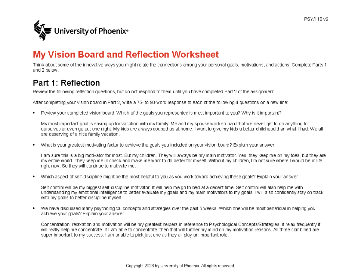 PSY/110 v6 Week 5 Vision Board & Reflection Worksheet - Studocu