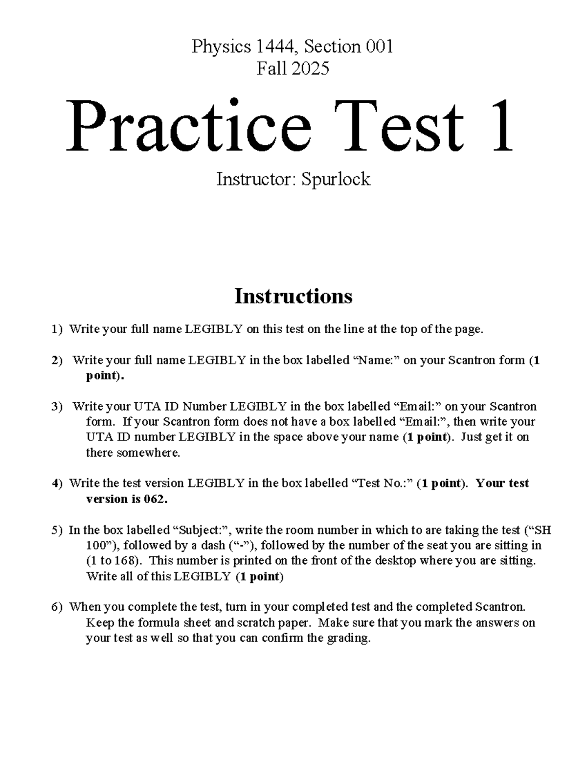 Physics 001 Fall 2025 Practice Test 1 - Spurlock - Studocu