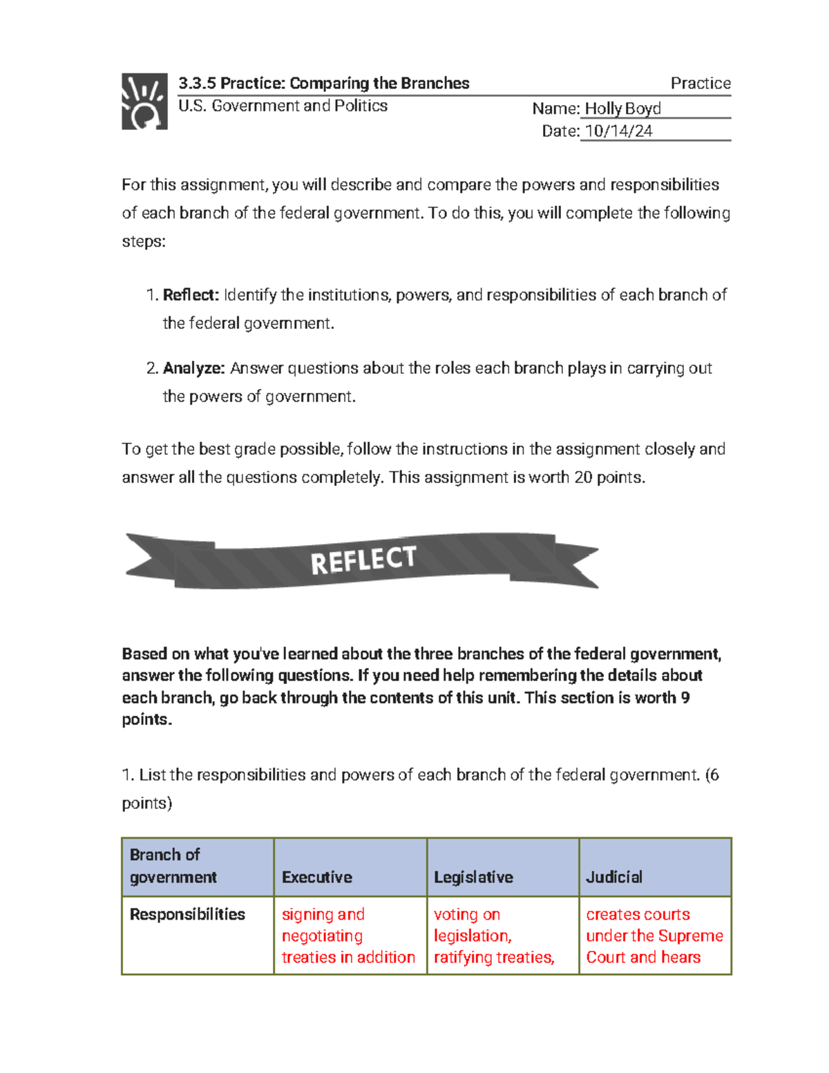 U. Government and Politics - 3.3 Practice on Branch Comparison - Studocu
