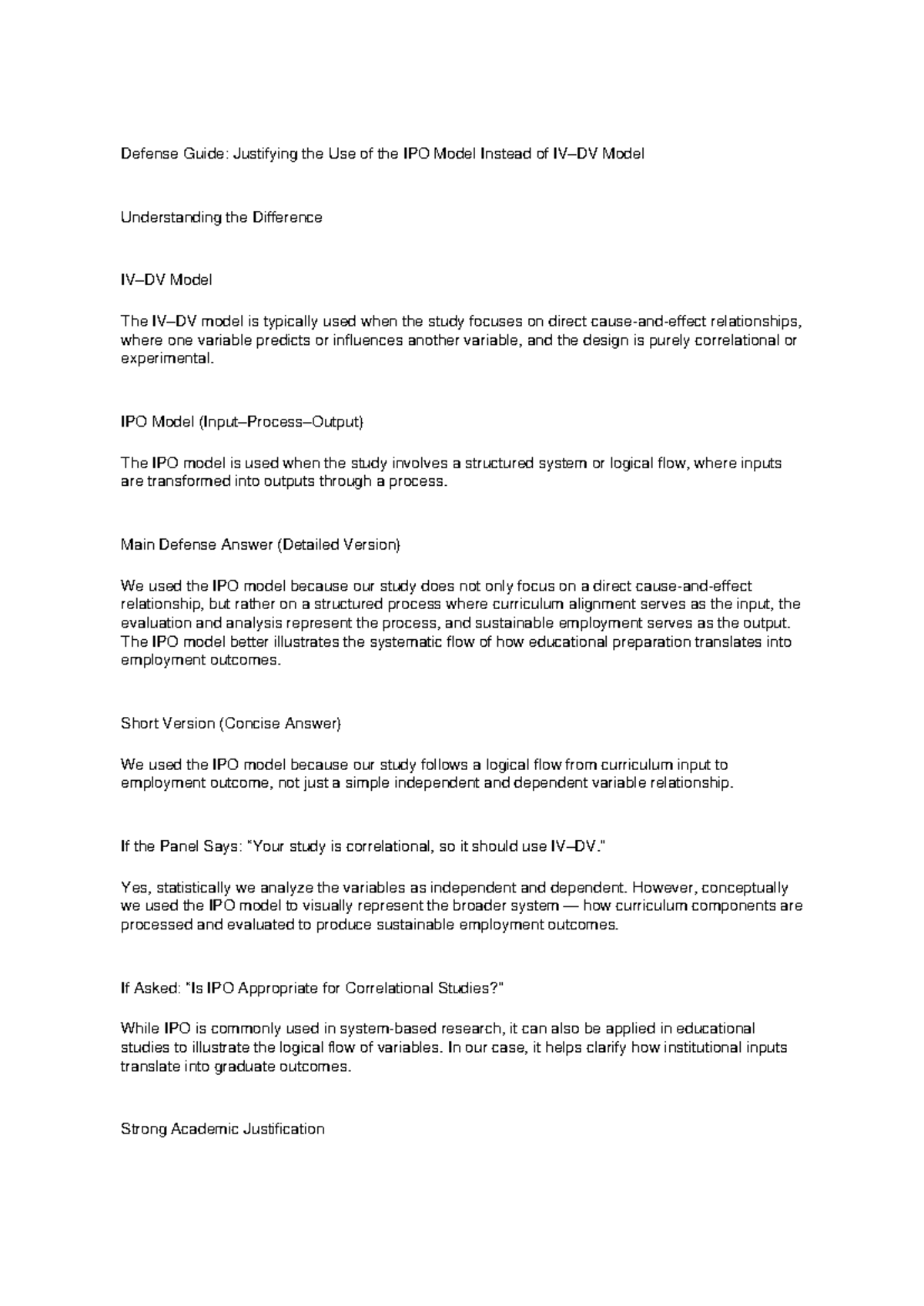 IPO vs IV-DV Defense Guide: Justifying the IPO Model Use - Studocu