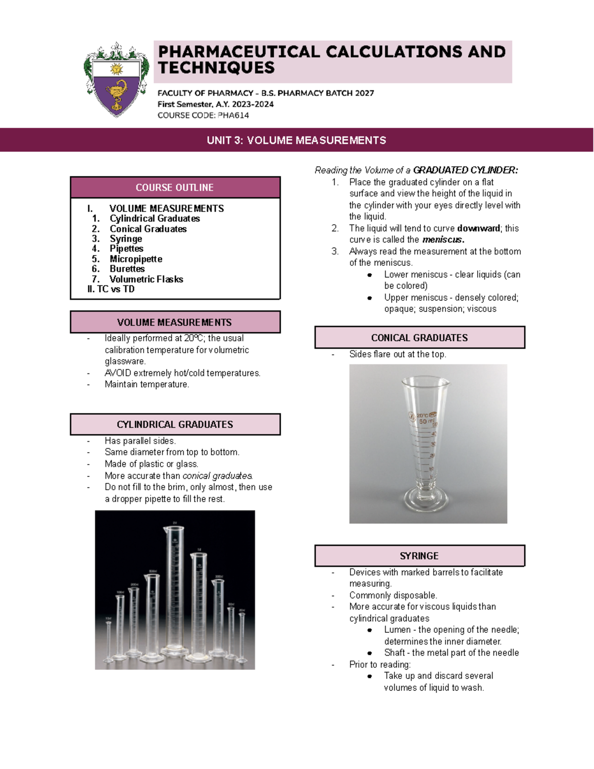 PHA614 LAB - Comprehensive Guide to Volume Measurements - Studocu