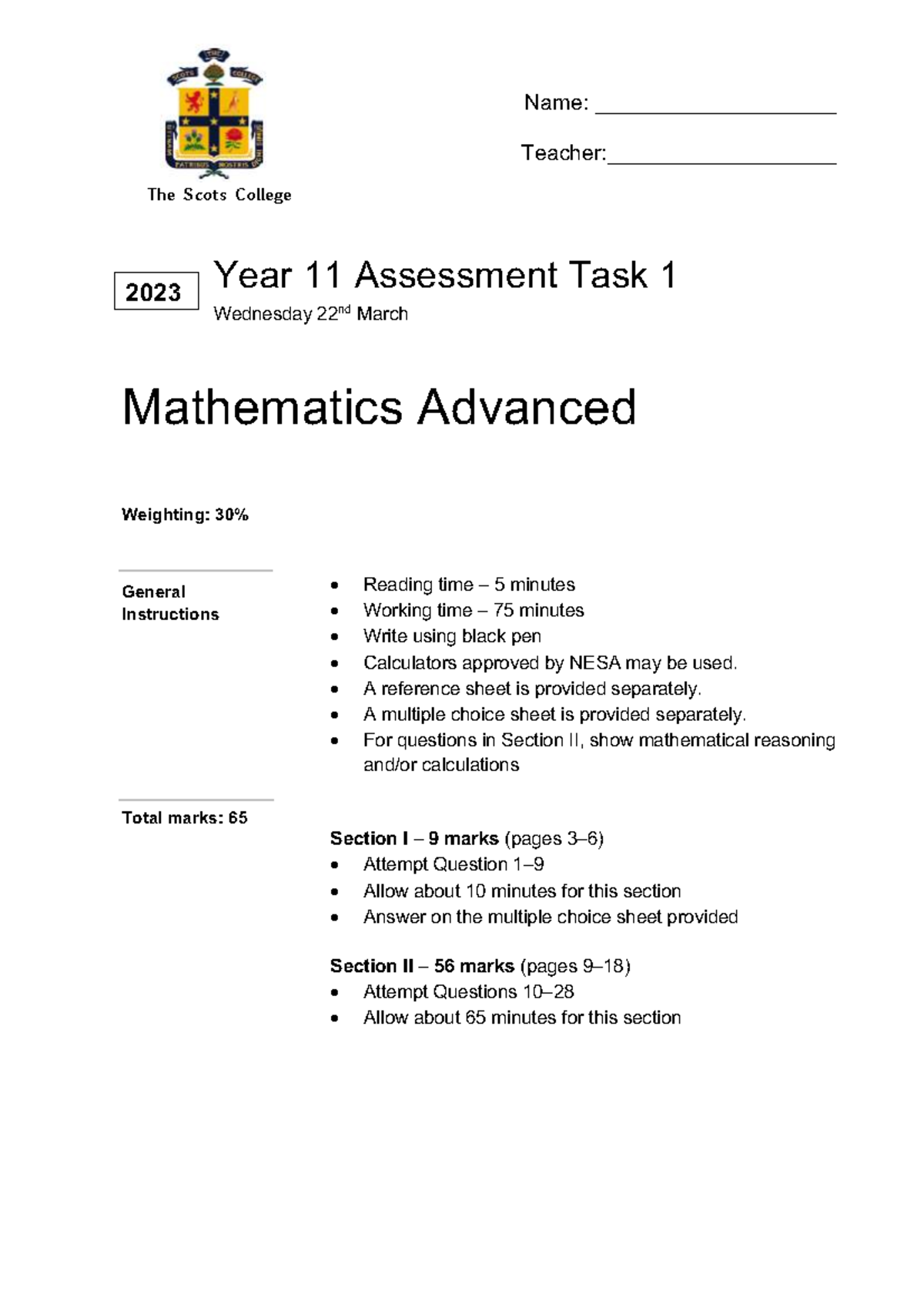 2023 Year 11 Mathematics Advanced AT1 Exam Paper - Studocu