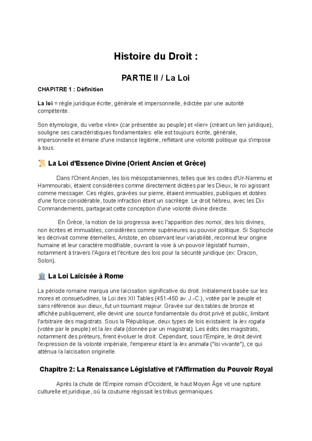 Histoire du Droit : La Loi - Chapitre 1 et 2 Analyse - Studocu