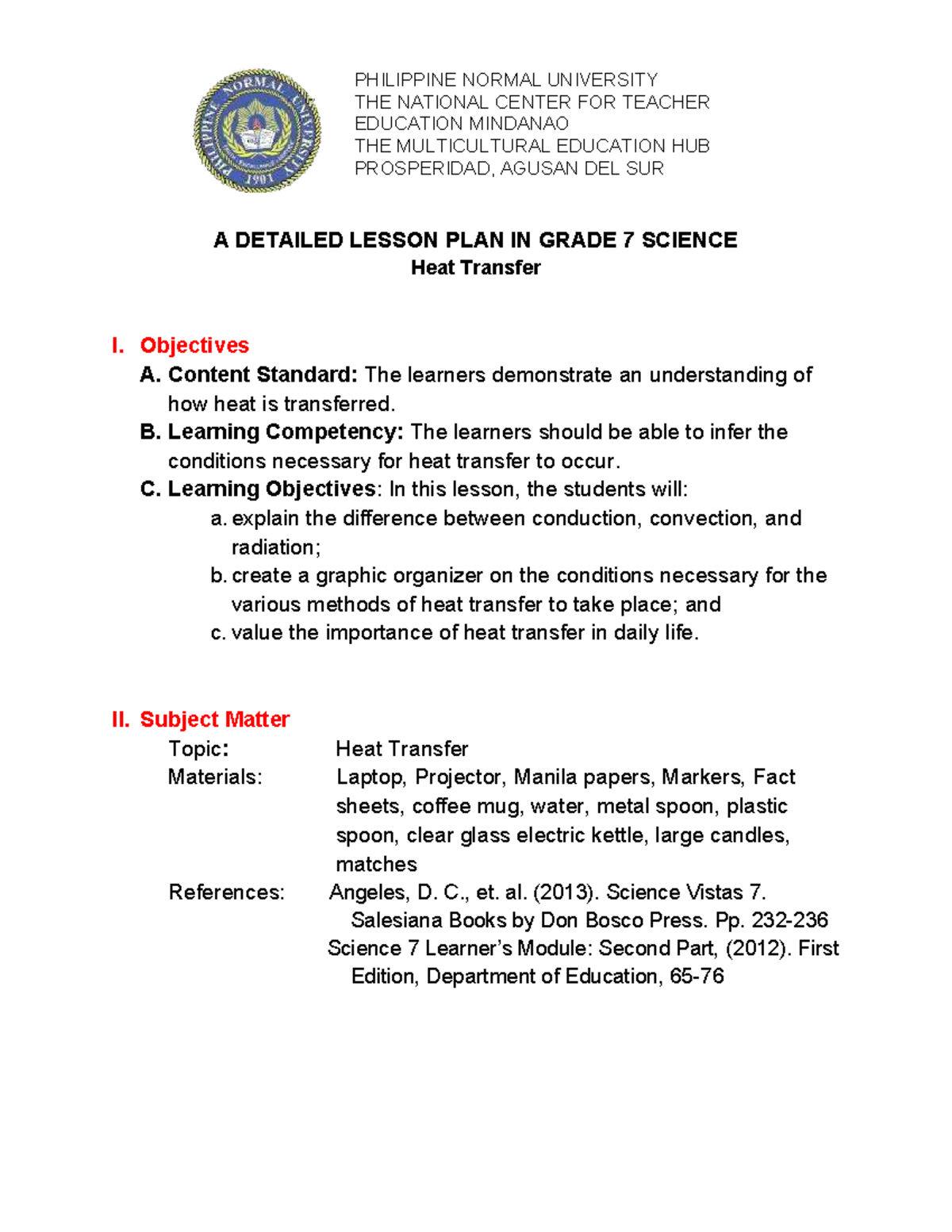 BSCIEPHY Detailed Lesson Plan: Understanding Heat Transfer in Grade 7 ...