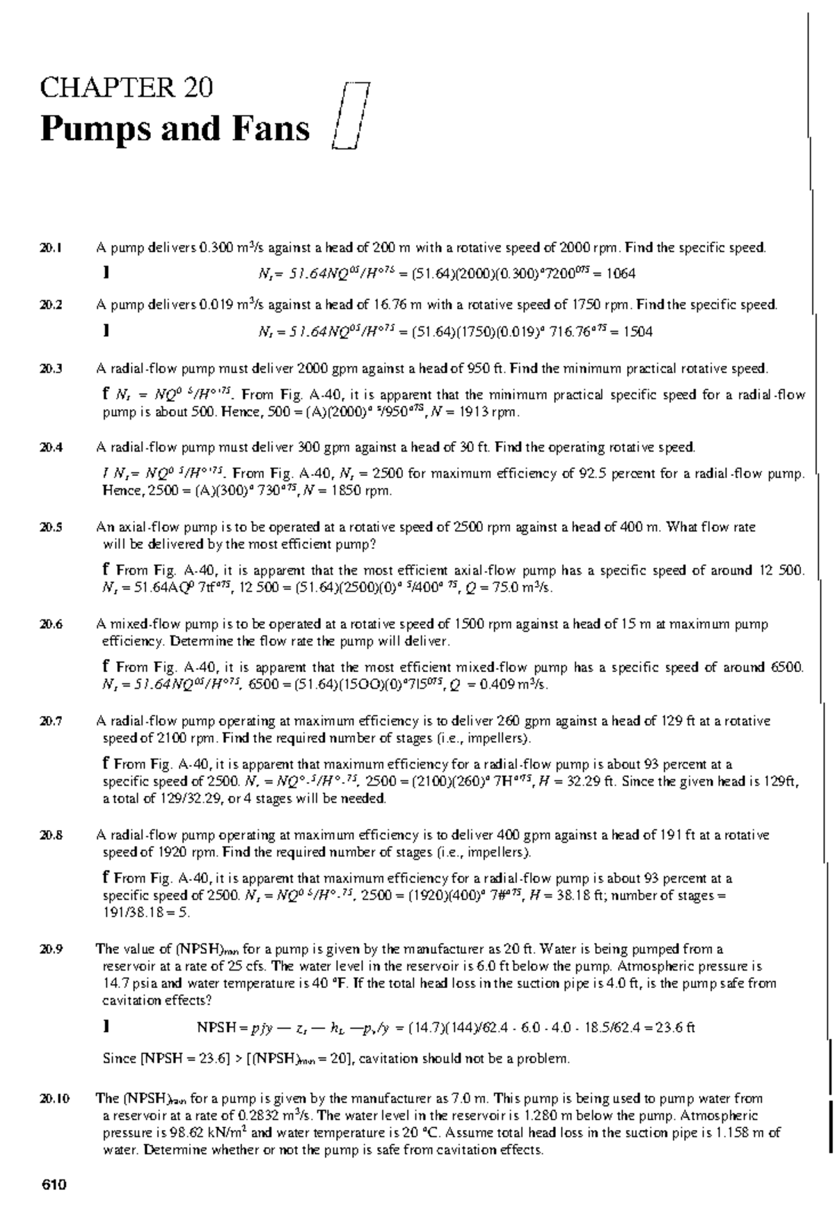 Pumps and Fans Practice Problems with Solutions - Chapter 20 - Studocu