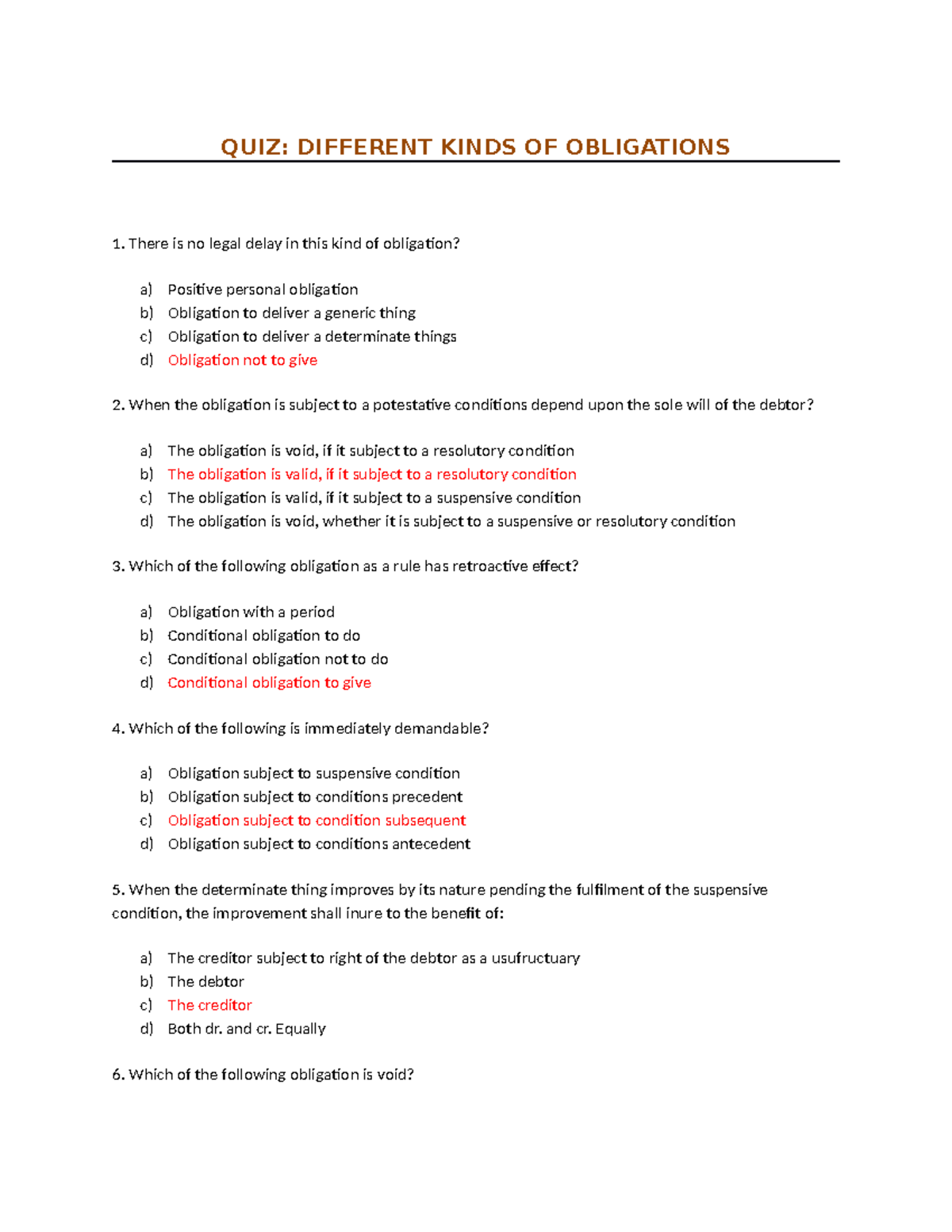 QUIZ: Different Kinds of Obligations (LAW 101) - Document Preview