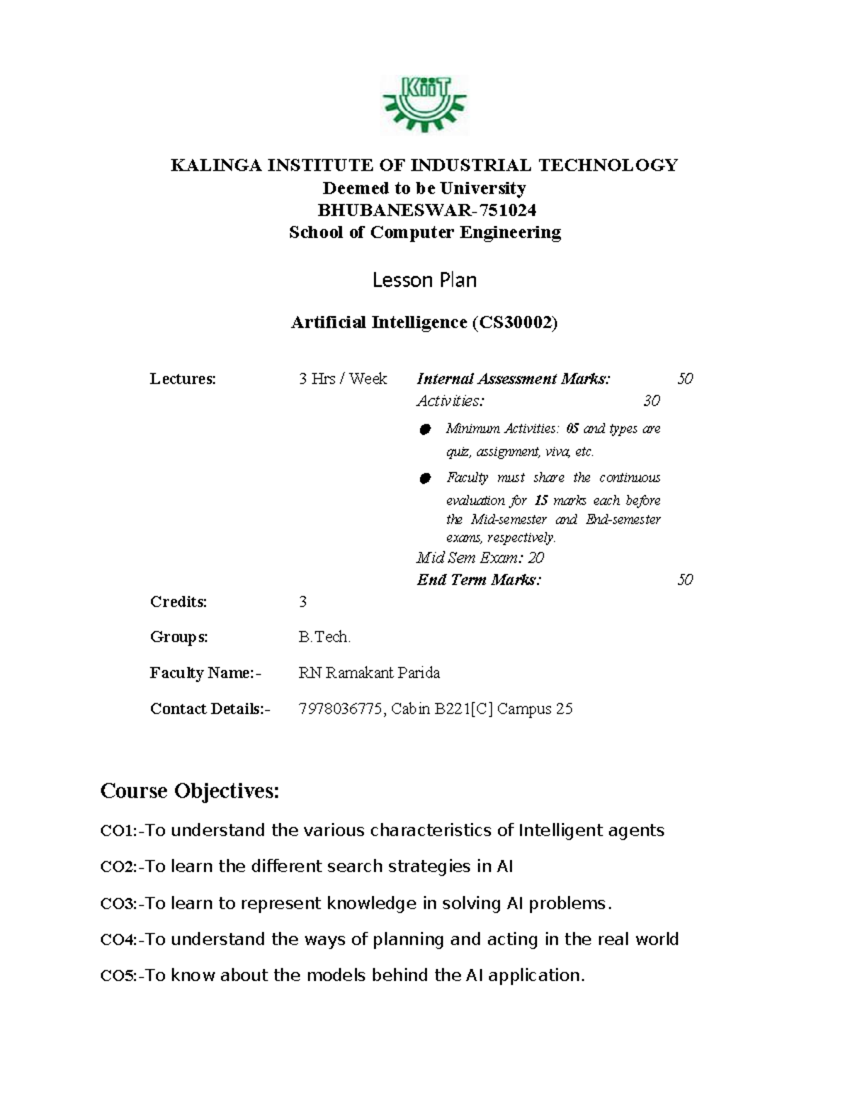 AI Lesson Plan for 6th Sem CSE-IT Spring 2024 - Studocu
