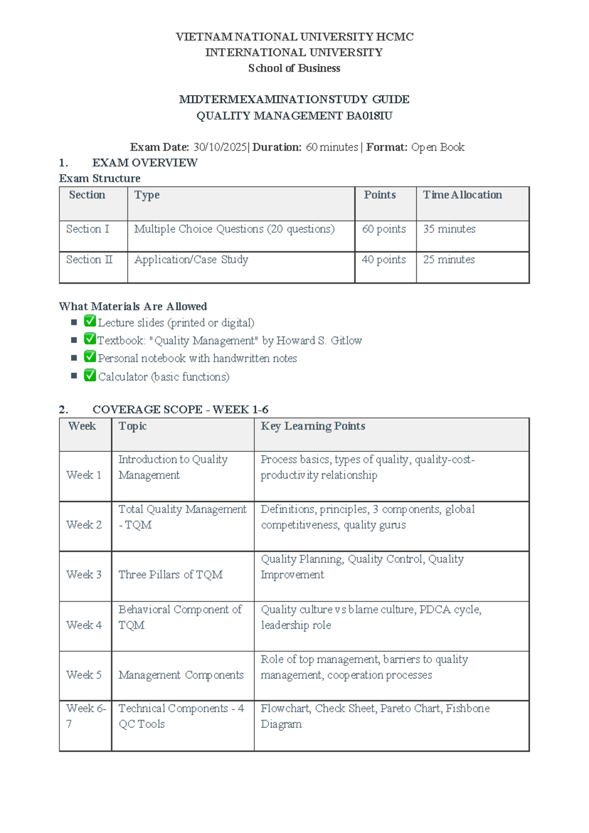 Quality Management Midterm Exam Study Guide BA018IU - Studocu