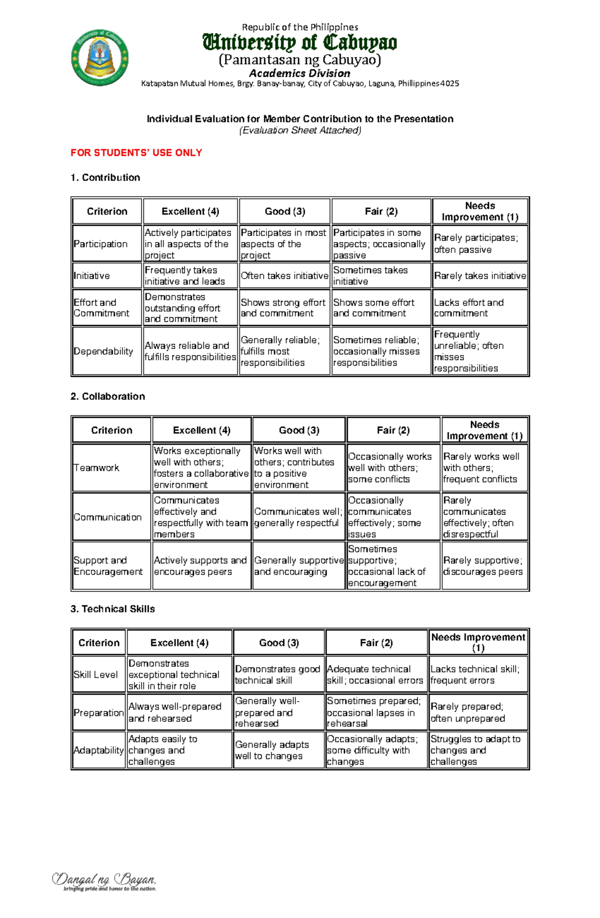 Individual Evaluation Guide for Member Contribution (Eval Sheet ...