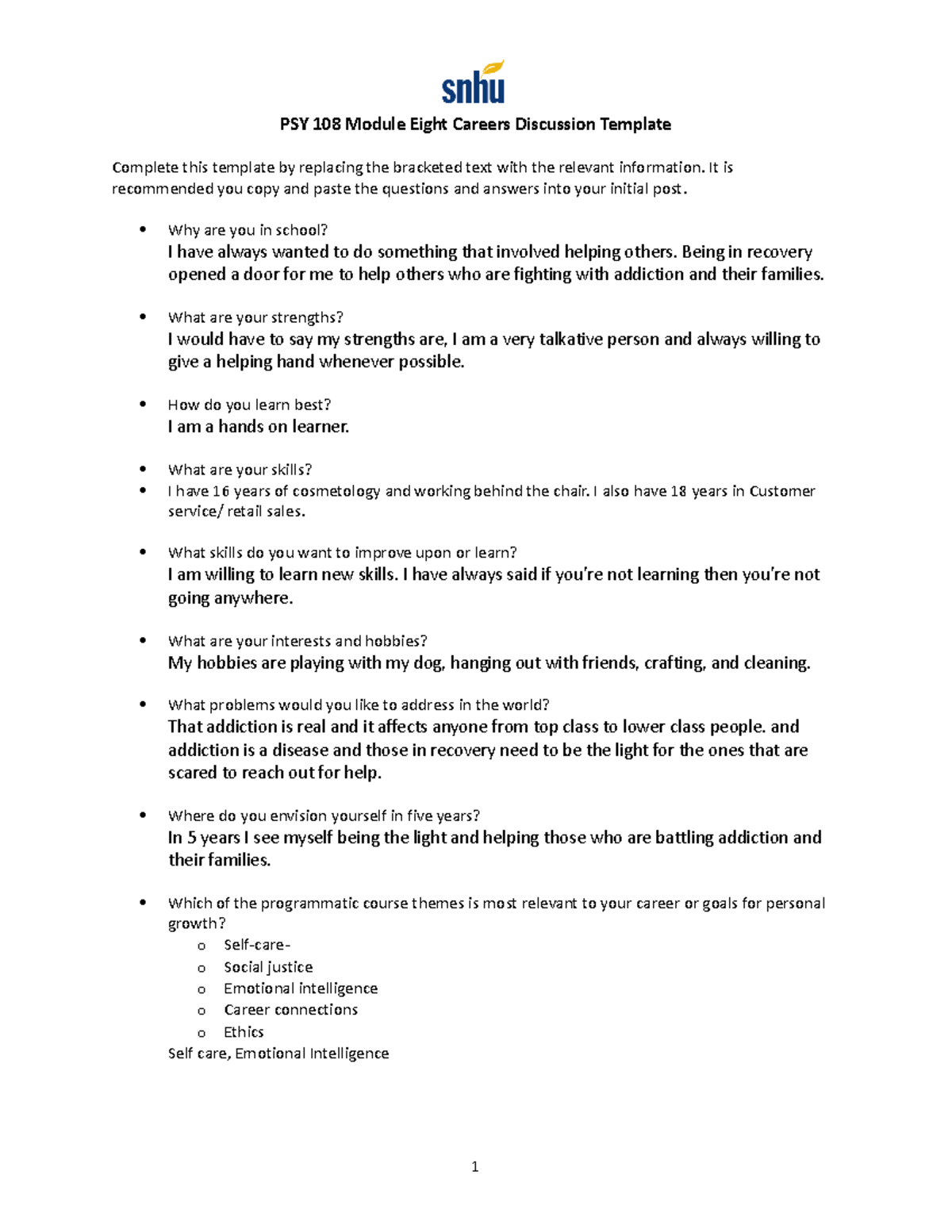 PSY 108 Module 8 Careers Discussion Template Responses - Studocu