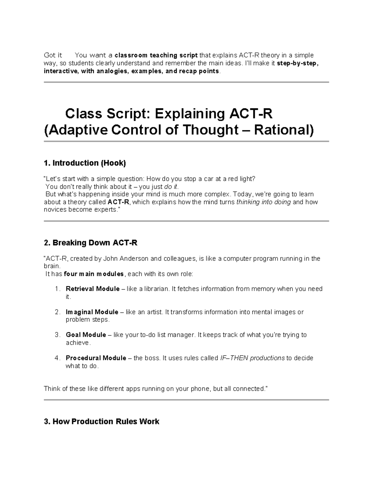 ACT-R Classroom Teaching Script: Simplifying Cognitive Theory - Studocu