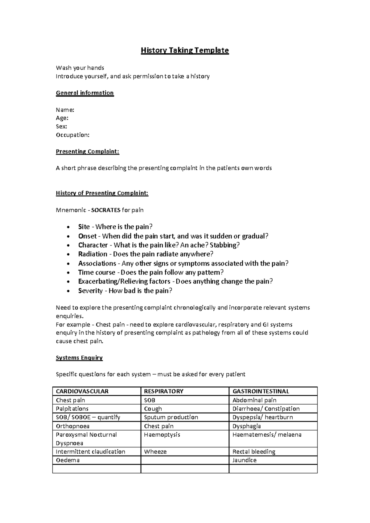 History Taking Template for Clinical Practice - Essential Guidelines ...