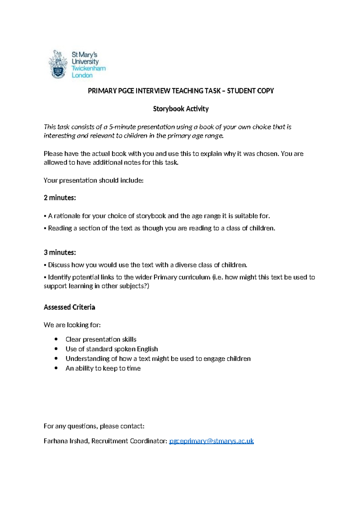 PGCE Primary Interview Teaching Task: Storybook Activity Guide - Studocu