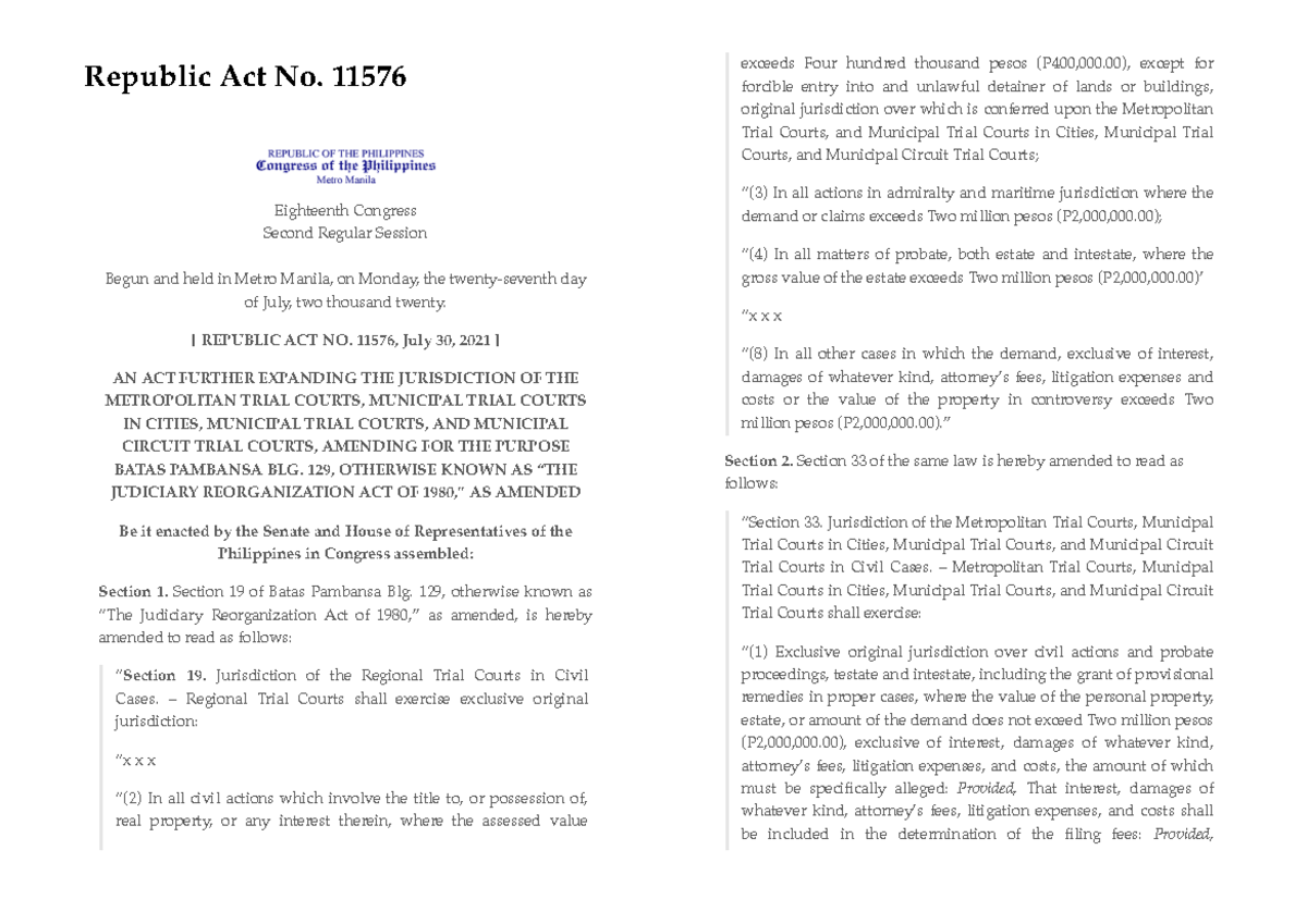 Republic Act No. 11576 - Expanded Jurisdiction of Trial Courts - Studocu